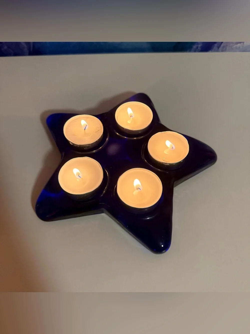 Blue Glass Star Candle Holder 5 Tea Light or Pillar Candle Celestial Whimsigoth
